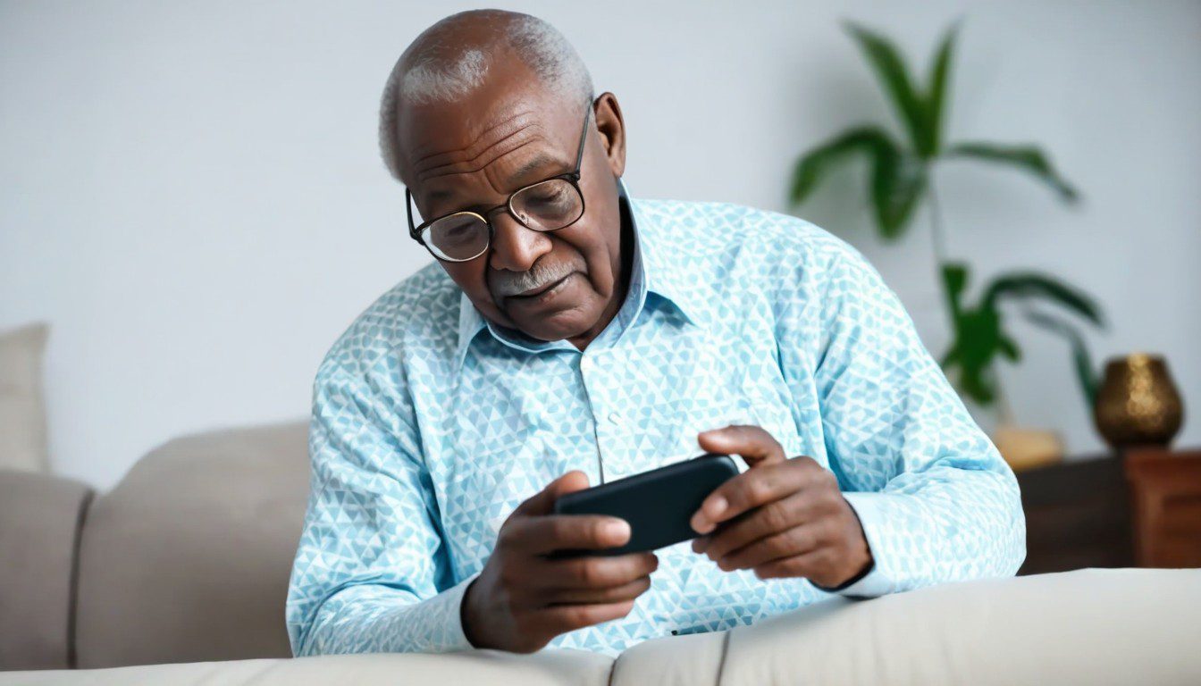 Black Ghanaian grandpa playing video game on mobile phone 1